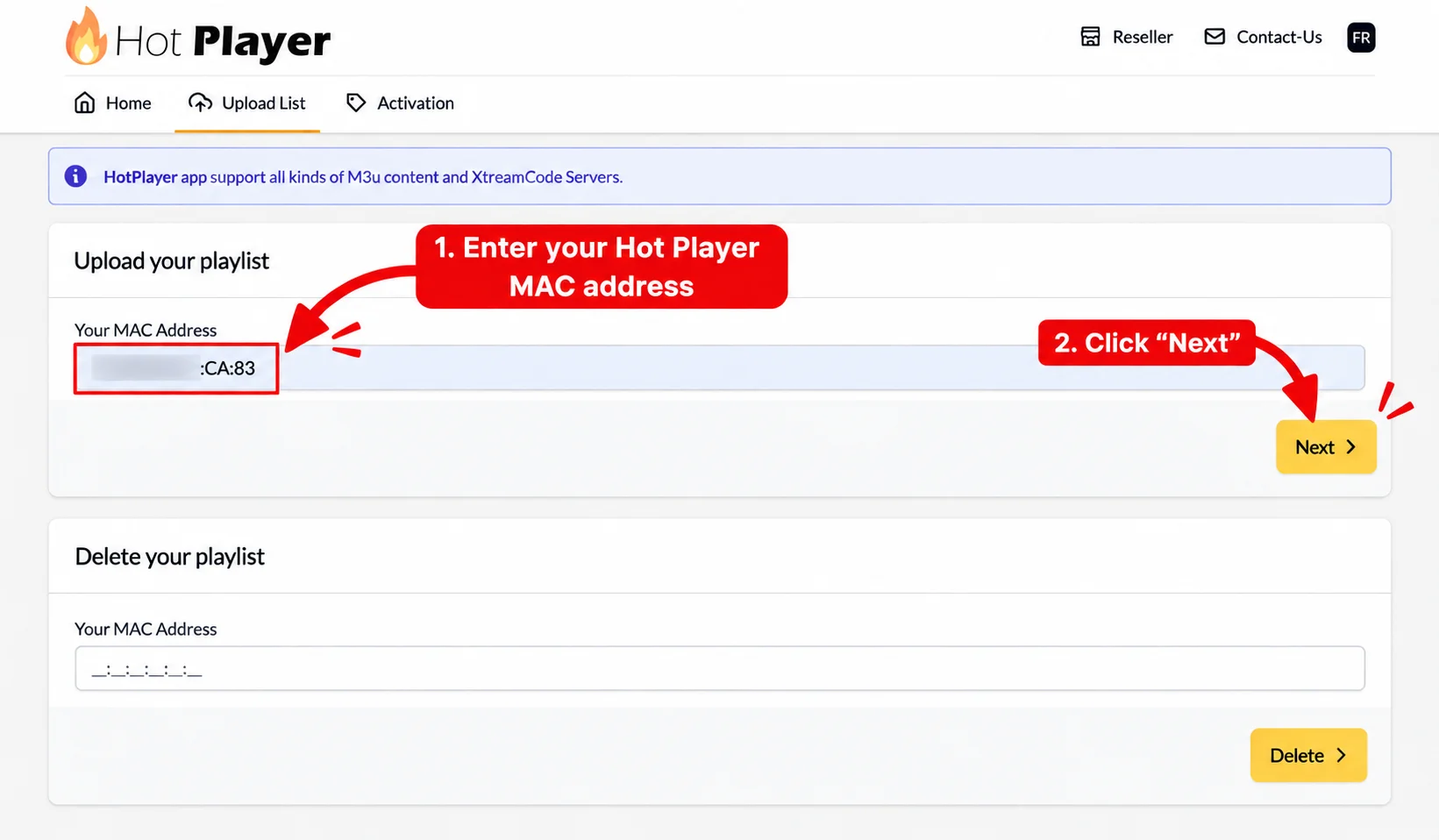 Enter Hot Player MAC address and click Next