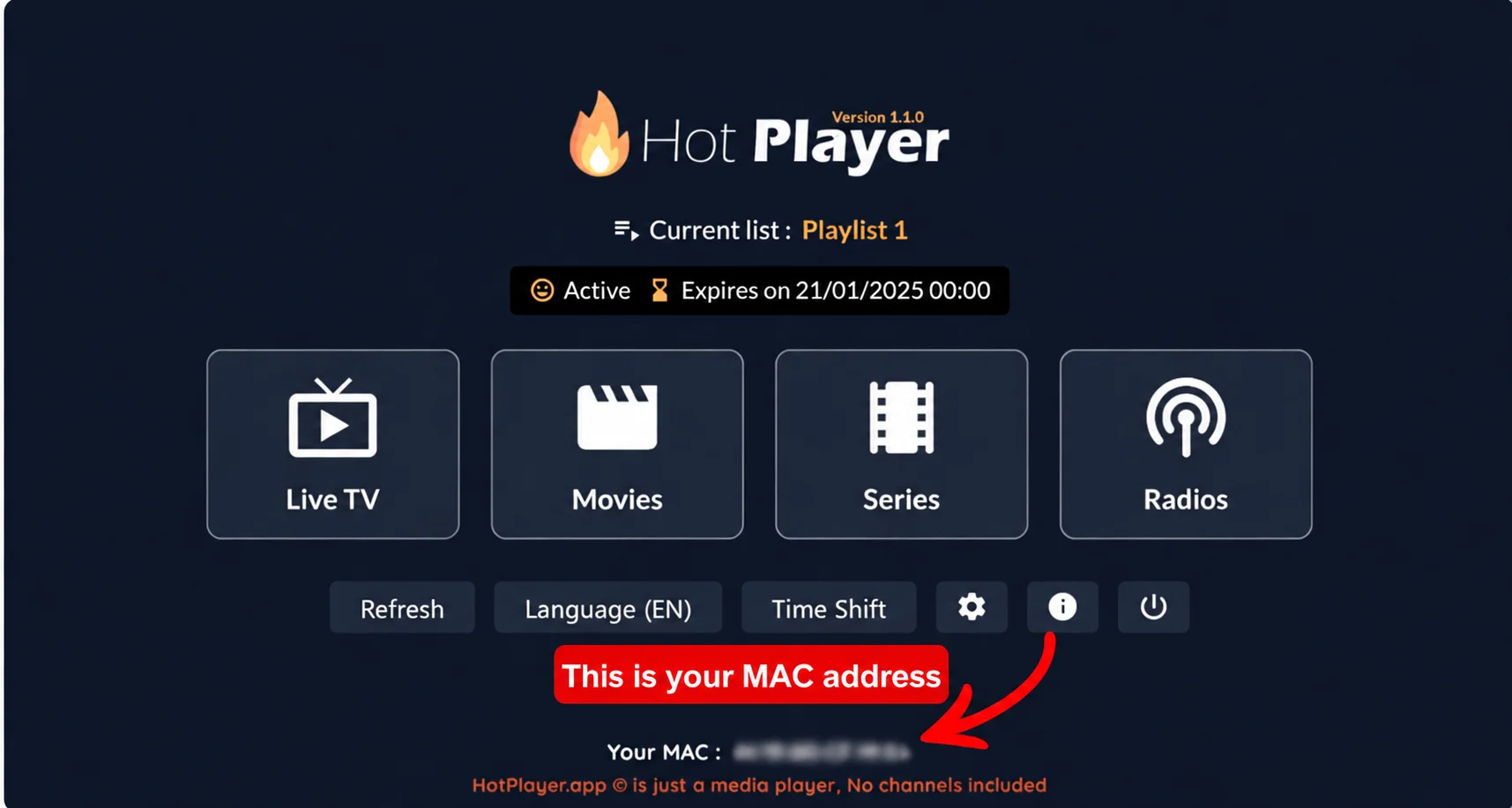 Hot Player interface showing where to find the MAC address