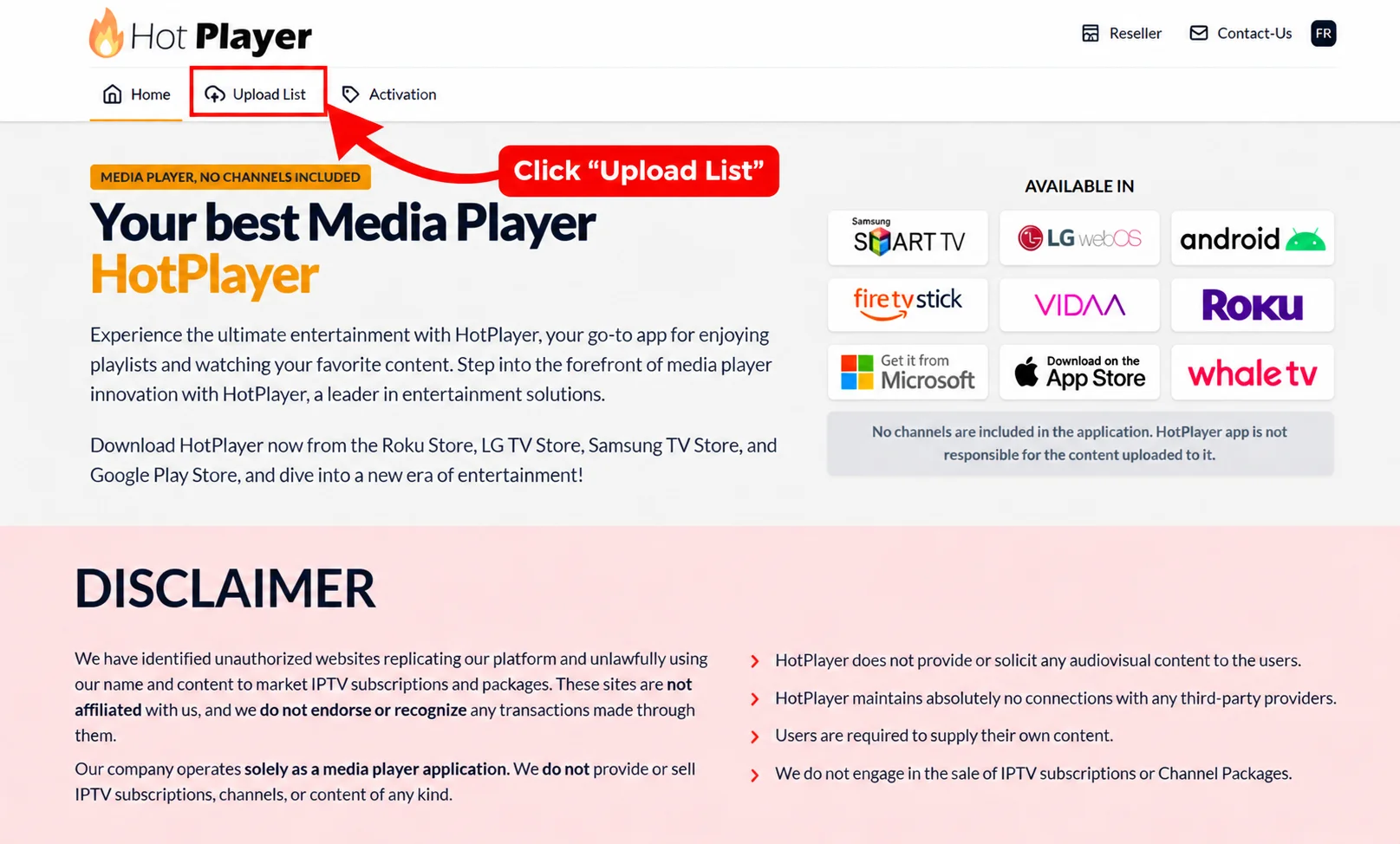 Hot Player website Upload List button